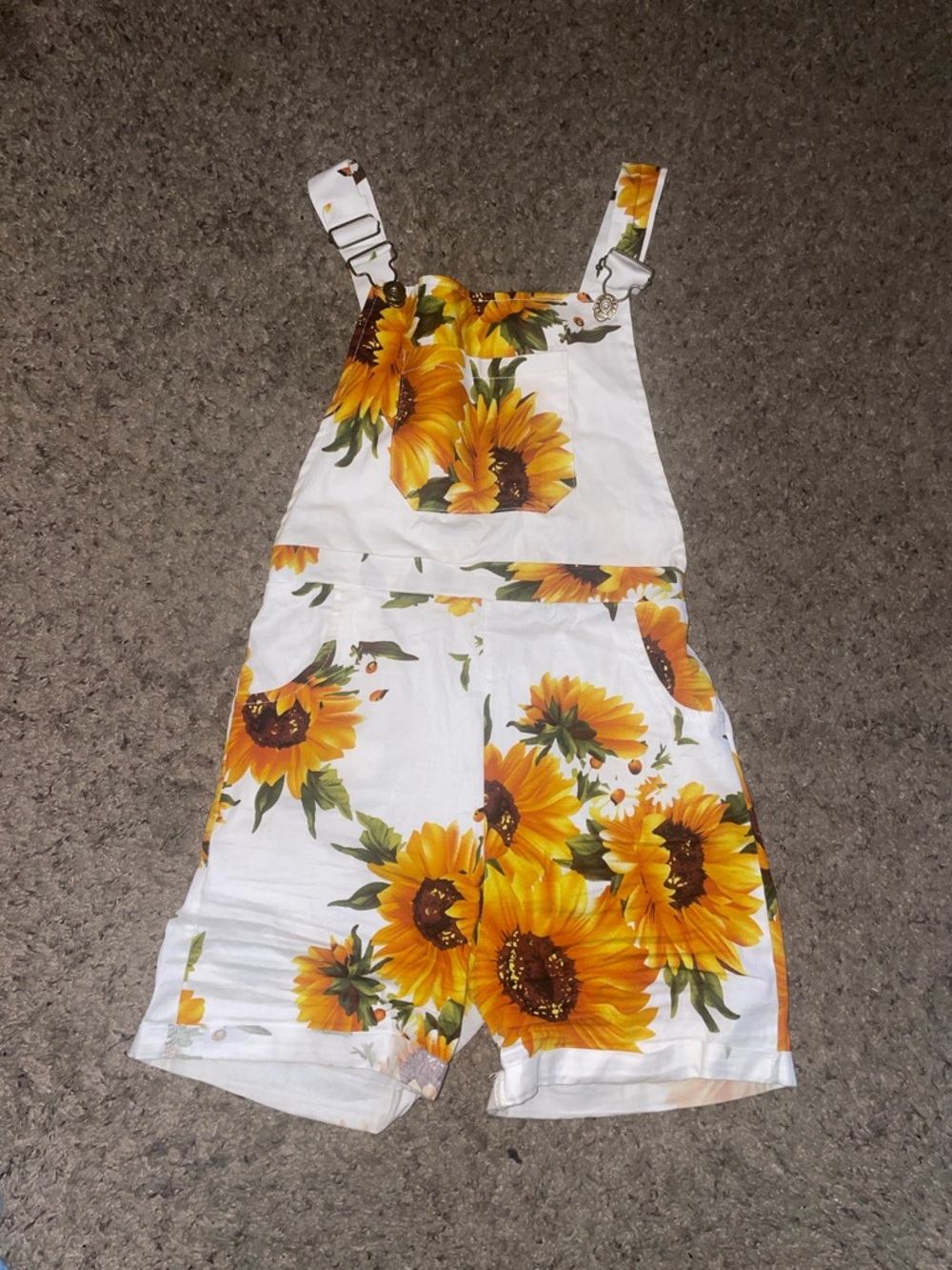 Sunflower Print White Kids Overalls Shortalls
